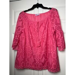 Elsie & Zoey Pink Lace Bell Sleeve‎ Tassel Tie Blouse Top S/M